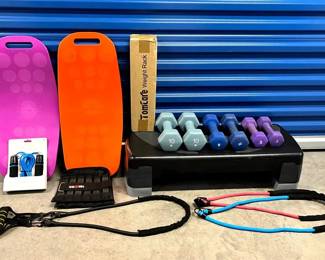 EHE084 Gym Equipment, Weights, Simply Fit Boards, Resistance Bands, Jump Rope, & Step 