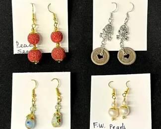 EHE173 - Myrna Lee Chang Peach Seed, Fresh Water Pearl, Pewter Frog, & Handmade Glass Bead Earrings