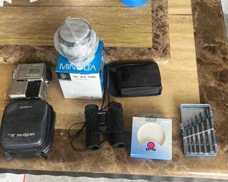 EHE422 - Assorted Camera Accessories, Binoculars, Mini Screwdriver Set