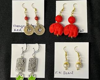 EHE166 - Myrna Lee Chang Coral, Fresh Water Pearl, Red Elephant, & Enamel FrogEarrings