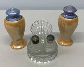 EHE322 - Vintage Lusterware & Clear Pressed Glass Salt & Pepper Shakers w/Tray Sets