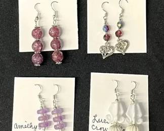 EHE183 - Myrna Lee Chang Amethyst , White Crown Flower Molded Bead, Purlpe Crystal, & Bead Earrings