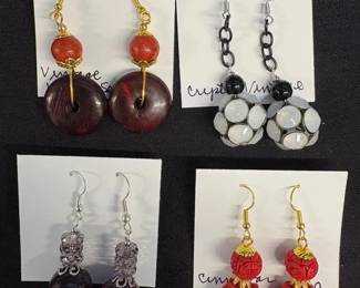 EHE185 Myrna Lee Chang Crystal, Wood And Sea Bamboo, Cinnabar, Agate Crystal Earrings