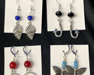 EHE184 - Myrna Lee Chang Pewter Silver Lotus, Shell, Butterfly, & Makau Hook Earrings