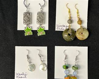 EHE159 - Myrna Lee Chang Jade, Keshi Pearl, Frog Dangle & Handmade Glass Earrings