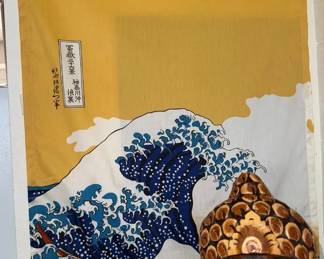 EHE025 Wooden Buddha Face with Great Wave Scroll