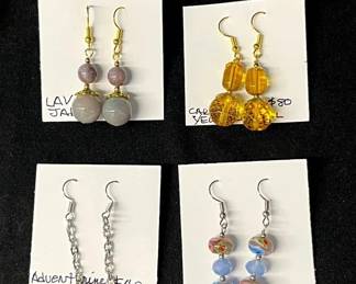 EHE141 - Myrna Lee Chang Carved Crystal, Adventurine, Lavender Jade, & Hand Made Glass Earrings