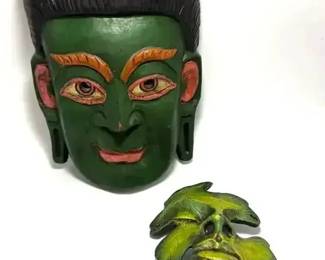 EHE039 - Multi lot of Green wood carved historical masks & clay leaf mask 