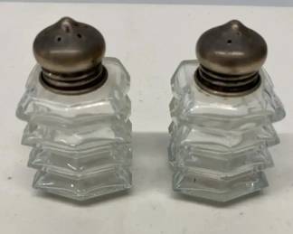 EHE319 - Pair of Antique Art-Deco Glass Salt & Pepper Shakers w/Sterling Silver Tops