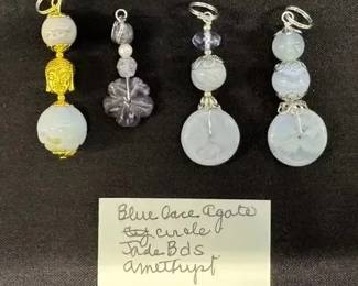 EHE103 - Myrna Lee Chang Blue Lace Agate Jade Beads Amethyst Pendants 