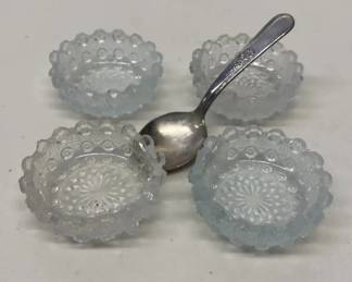 EHE321 - Set of Four Antique Open Top Cut Crystal Salt & Pepper Bowls with Spoon