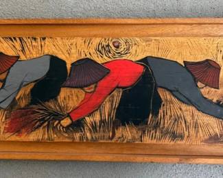 EHE045 Hand Carved Wooden Painting Of Farmers 