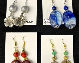 EHE182 - Myrna Lee Chang Fresh Water Pearl, Blue Glass, Aisian Coin, & Red Bead Earrings