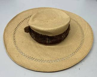 EHE307 - Exquisite Vintage Handmade Woven Hat by Weaver & Kapa Maker Rose K. Anahu w/Lei Hulu