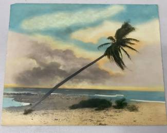 EHE342 - Very RARE Ray Jerome Baker Hand Colored Photograph 1 of 3 Beach Scene w/Leaning Palm