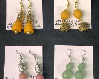 EHE128 - Myrna Lee Chang Jade, Yellow Jade, Lucite Amber, & Rhodanite Beaded Earrings 