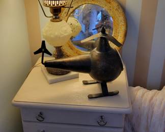 Super cute clock.   Fenton satin lamp in custard