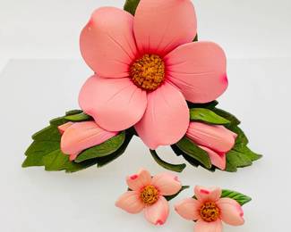 Vintage Leather Floral Pin and Earrings