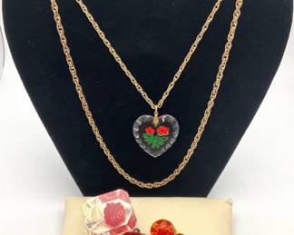 Reverse Painted Rose Necklace, Pin & Earrings
