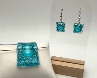 Aqua Art Glass Pendant and Earrings