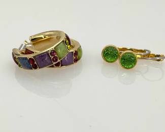 Multi Colored Glass and Enamel Hoop Earrings and Green Rhinestone Earrings