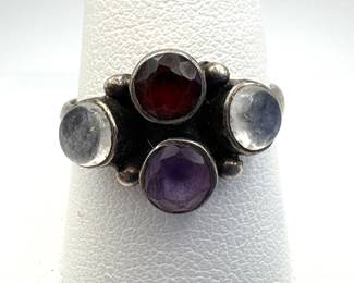 Moonstone, Garnet and Amethyst Silver Ring