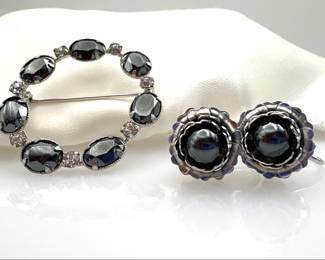 Silver Hematite Wreath Brooch and Earrings