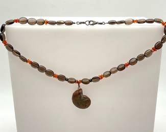 Smokey Quartz and Amber Beaded Necklace