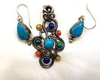 Turquoise & Sterling Teardrop Earrings and Necklace