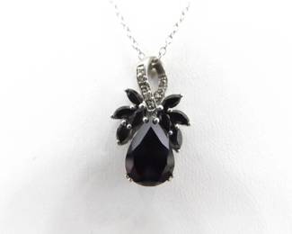 .925 Sterling Silver Diamond Accented Onyx Flower Pendant Necklace
