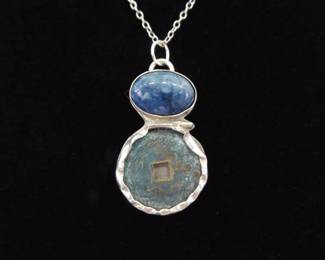 .925 Sterling Silver Sodalite Cabochon Asian Coin Primitive Pendant Necklace
