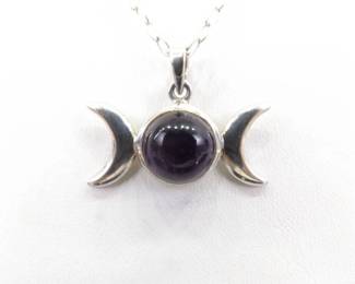 .925 Sterling Silver Amethyst Cabochon Eclipse Pendant Necklace
