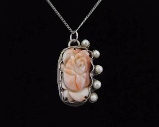 .925 Sterling Silver Primitive Carved Rhodonite Rose Pendant Necklace
