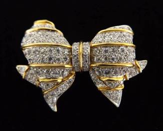 .925 Sterling Silver Vermeil Crystal Bow Brooch
