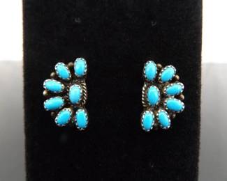 .925 Sterling Silver Signed Sleeping Beauty Turquoise Cabochon Post Earrings
