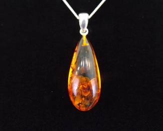 .925 Sterling Silver Acrylic Amber Drop Pendant Necklace
