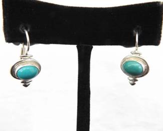 .925 Sterling Silver Turquoise Cabochon Hinged Hook Earrings
