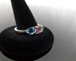.925 Sterling Silver Topaz and Pink Sapphire Crystal Ring Size 9
