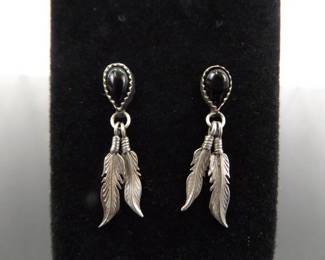 .925 Sterling Silver Native Black Onyx Cabochon Dangle Feather Post Earrings
