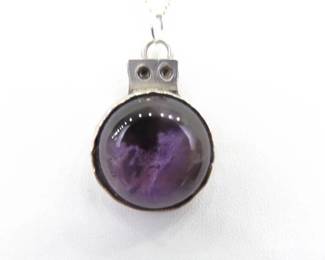 .925 Sterling Silver Amethyst Dichroic Glass Cabochon Primitive Pendant Necklace
