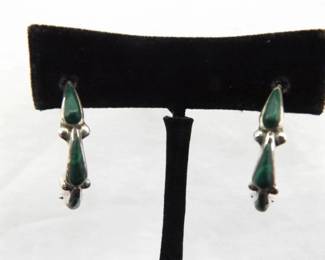 .925 Sterling Silver Malachite Cabochon 3/4 Hoop Post Earrings
