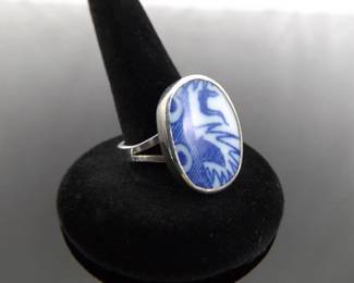 .925 Sterling Silver Ancient Asian Pottery Shard Ring Size 7.5
