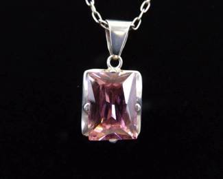 .925 Sterling Silver Pink Sapphire Crystal Pendant Necklace
