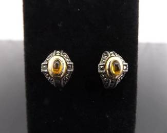 .925 Sterling Silver Carolyn Pollack Art Nouveau Gold Accented Citrine Cabochon Half Hoop Post Earrings

