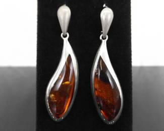 .925 Sterling Silver Dichroic Amber Dangle Hook Earrings

