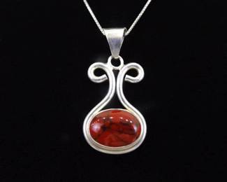 .925 Sterling Silver Red Jasper Cabochon Pendant Necklace
