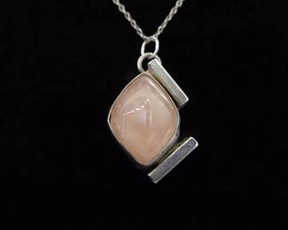 .925 Sterling Silver Rose Quartz Primitive Pendant Necklace

