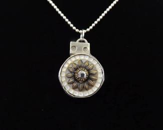 .925 Sterling Silver Primitive Carved Mother of Pearl Flower Pendant Necklace
