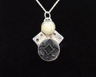 .925 Sterling Silver Primitive Carved Angel Pendant Necklace
