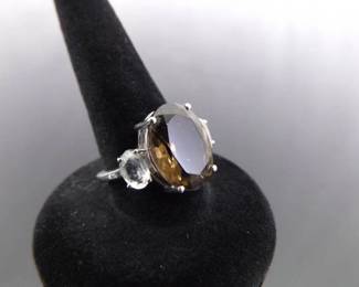 .925 Sterling Silver Smokey Quartz Crystal Ring Size 6
